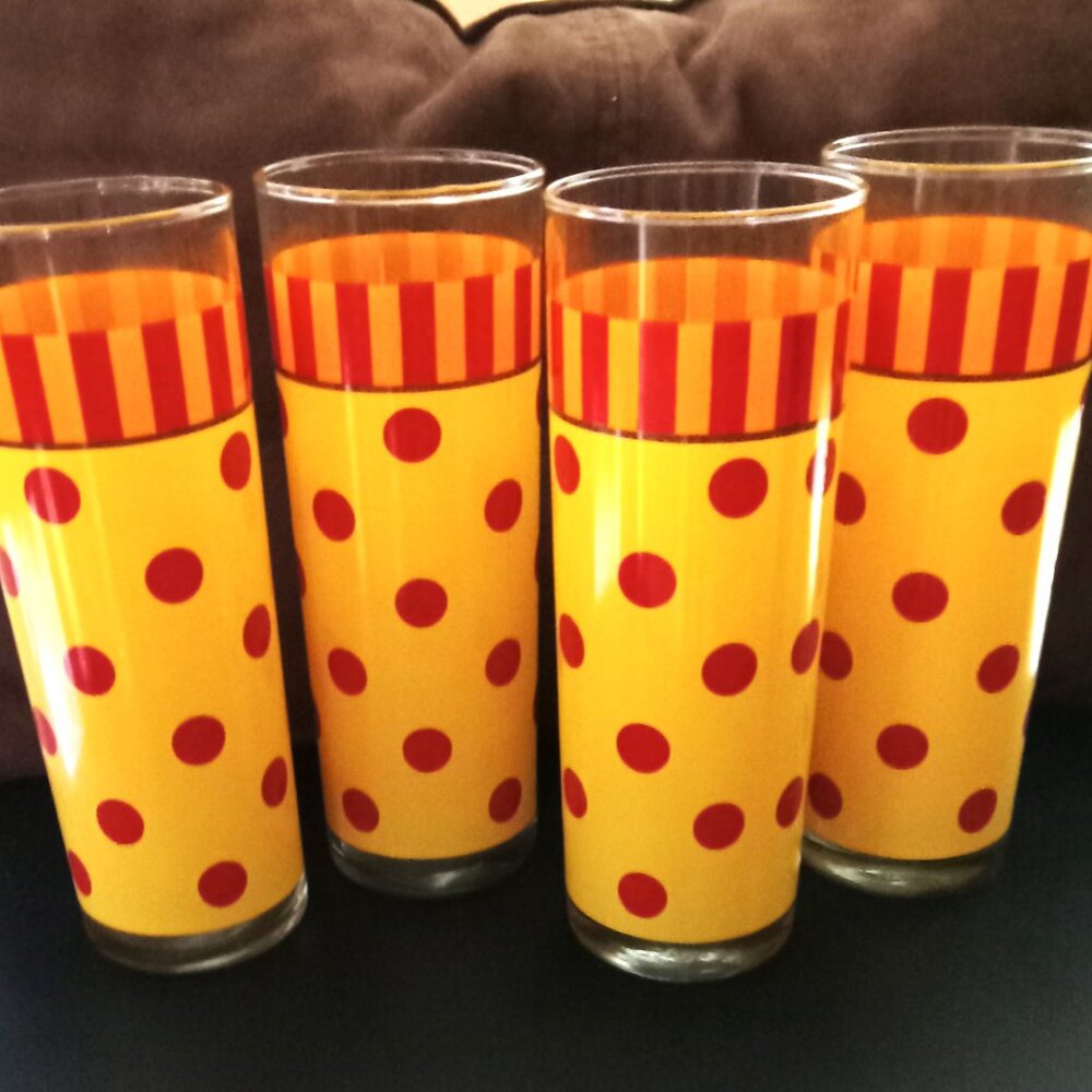 Gail Pittman 4 Retro MCM Polka Dot Striped Yellow And Red Drinking Glasses - Picture 3 of 3